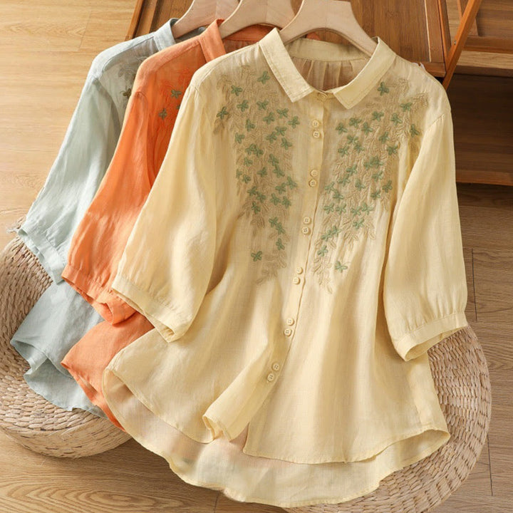 Buddha Stones Casual Plant Embroidery Stand Collar Women's Cotton Blend Three Quarter Sleeve Shirt - image 31
