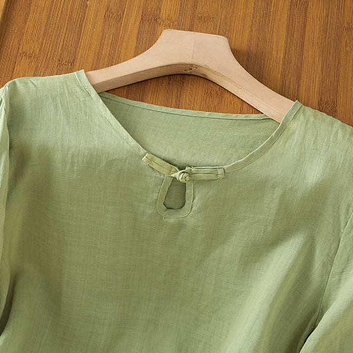 Buddha Stones Casual Floral Embroidery Crew Neck Women's Frog-Button Polyester Half Sleeve Shirt - image 3