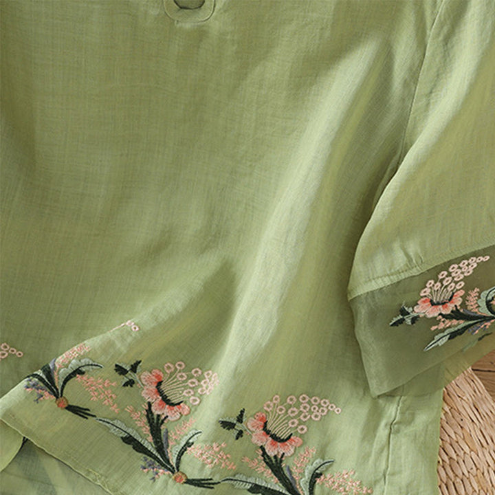 Buddha Stones Casual Floral Embroidery Crew Neck Women's Frog-Button Polyester Half Sleeve Shirt - image 2