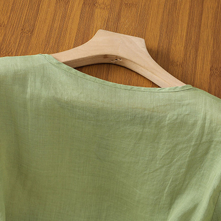 Buddha Stones Casual Floral Embroidery Crew Neck Women's Frog-Button Polyester Half Sleeve Shirt - image 4