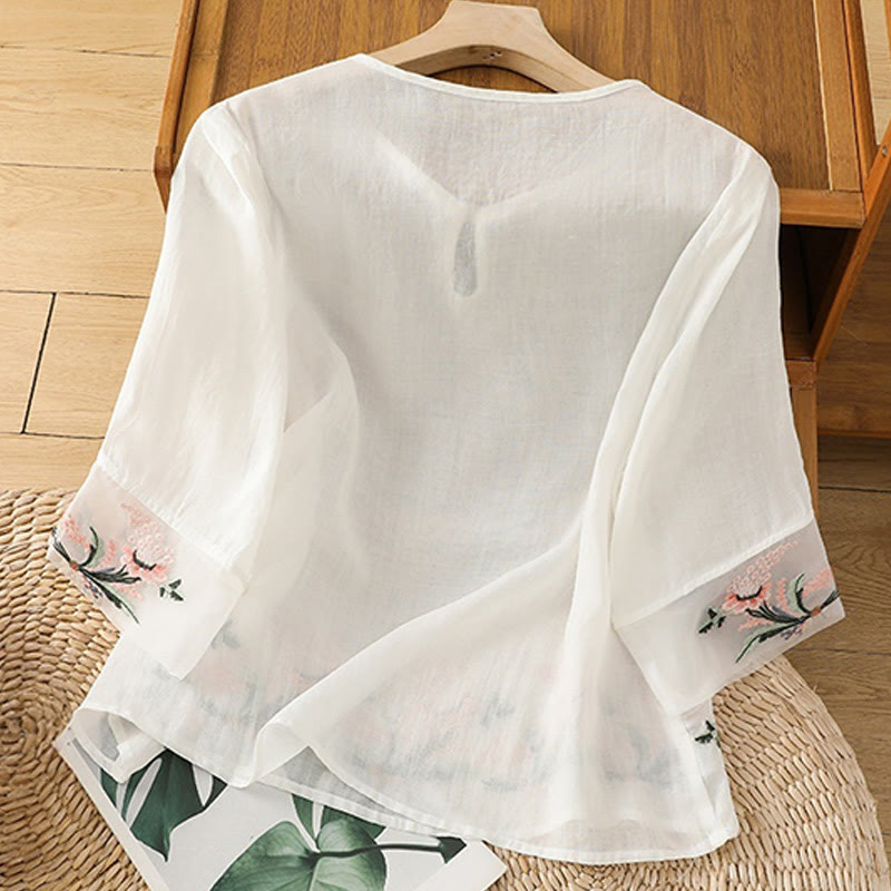 Buddha Stones Casual Floral Embroidery Crew Neck Women's Frog-Button Polyester Half Sleeve Shirt - image 7