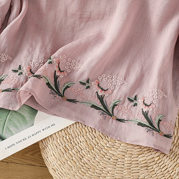 Buddha Stones Casual Floral Embroidery Crew Neck Women's Frog-Button Polyester Half Sleeve Shirt - image 17