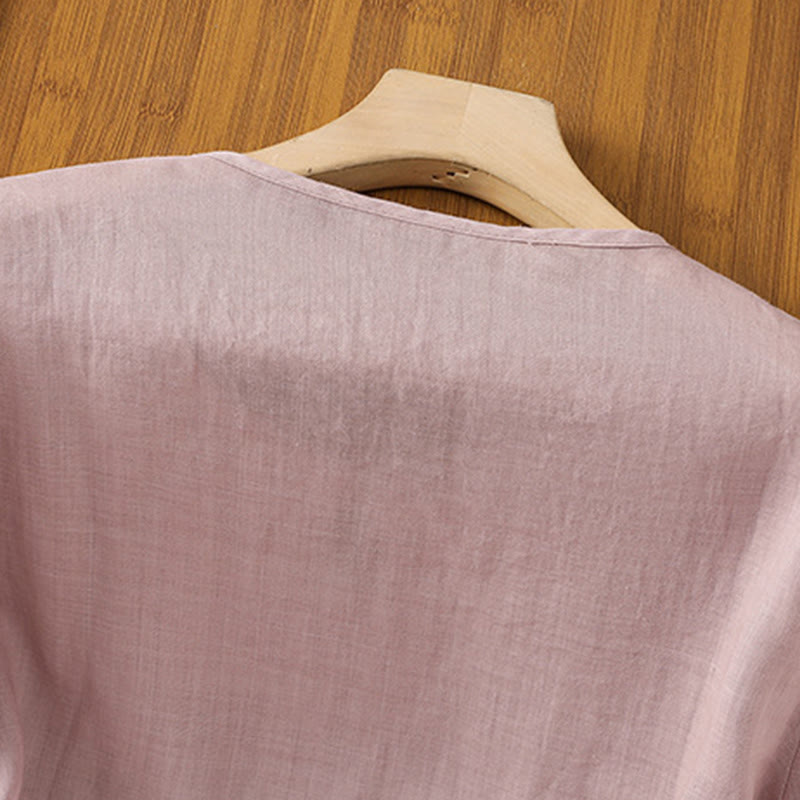 Buddha Stones Casual Floral Embroidery Crew Neck Women's Frog-Button Polyester Half Sleeve Shirt - image 18