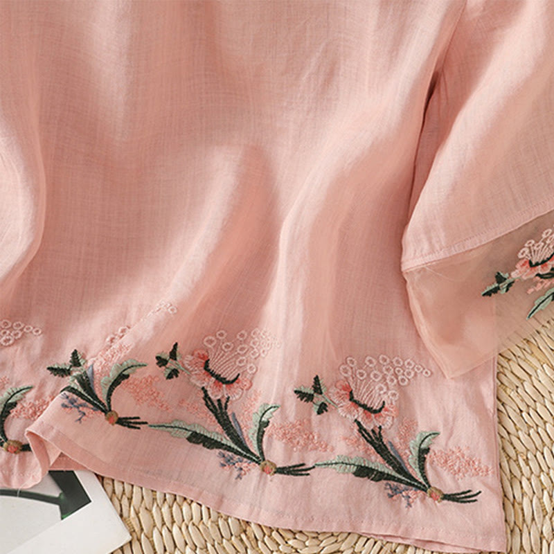 Buddha Stones Casual Floral Embroidery Crew Neck Women's Frog-Button Polyester Half Sleeve Shirt - image 26