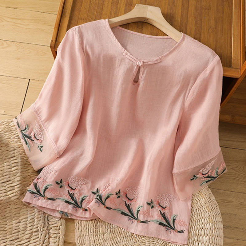 Buddha Stones Casual Floral Embroidery Crew Neck Women's Frog-Button Polyester Half Sleeve Shirt - Pink - US8-10，UK/AU12-14，EU40-42 (2XL) - image 21