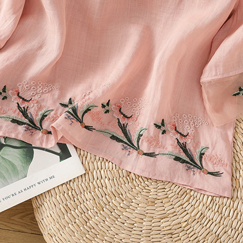 Buddha Stones Casual Floral Embroidery Crew Neck Women's Frog-Button Polyester Half Sleeve Shirt - image 27