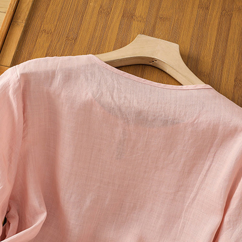 Buddha Stones Casual Floral Embroidery Crew Neck Women's Frog-Button Polyester Half Sleeve Shirt - image 25