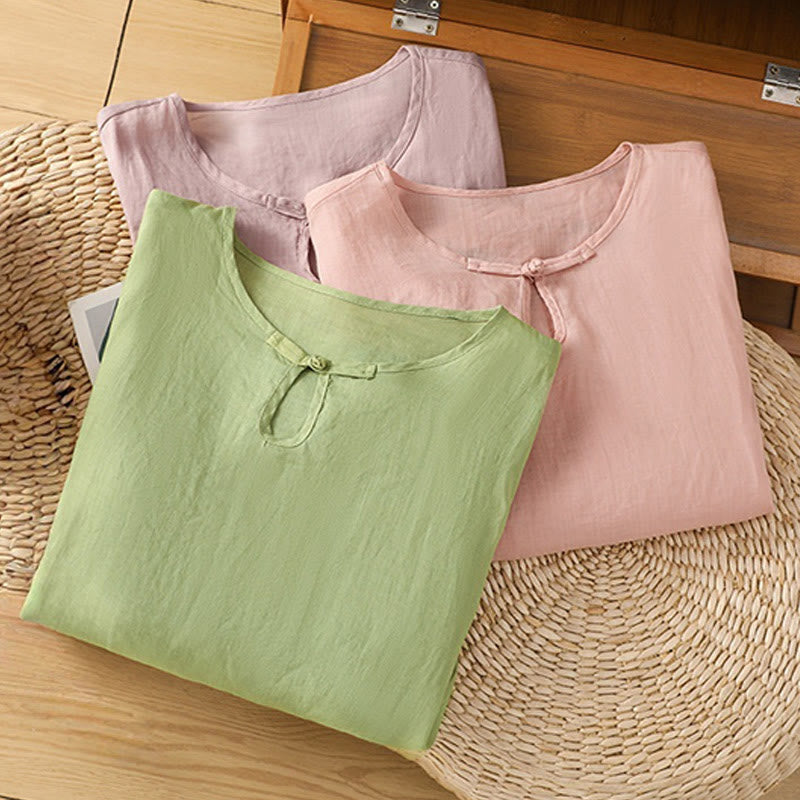 Buddha Stones Casual Floral Embroidery Crew Neck Women's Frog-Button Polyester Half Sleeve Shirt - image 29