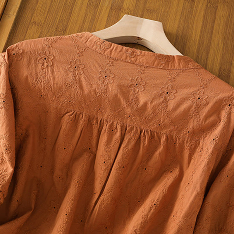 Buddha Stones Casual Plain Hollow Notched Women's Cotton Linen Half Sleeve Shirt - image 3