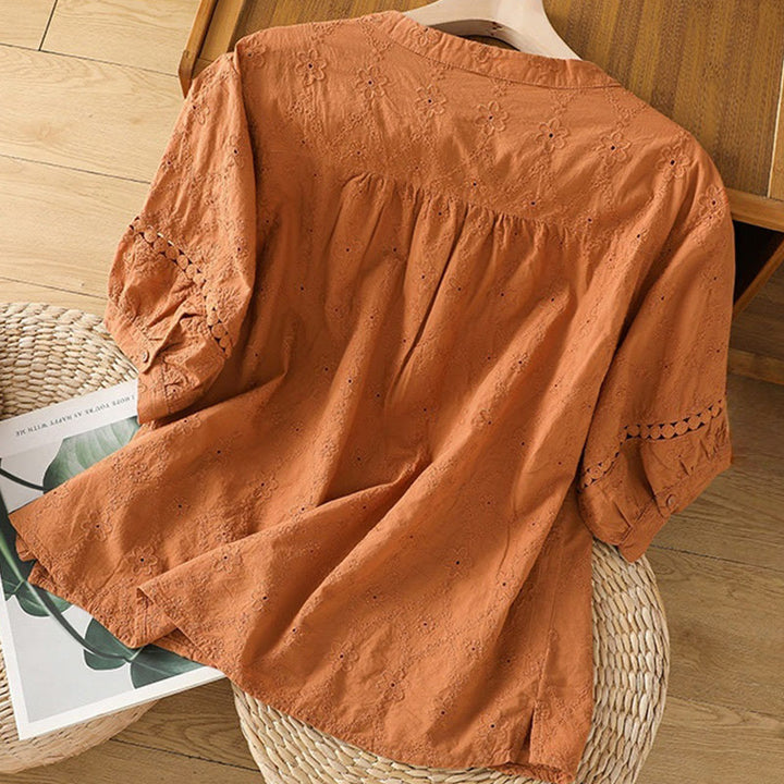 Buddha Stones Casual Plain Hollow Notched Women's Cotton Linen Half Sleeve Shirt - image 1