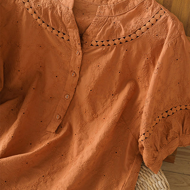 Buddha Stones Casual Plain Hollow Notched Women's Cotton Linen Half Sleeve Shirt - image 4