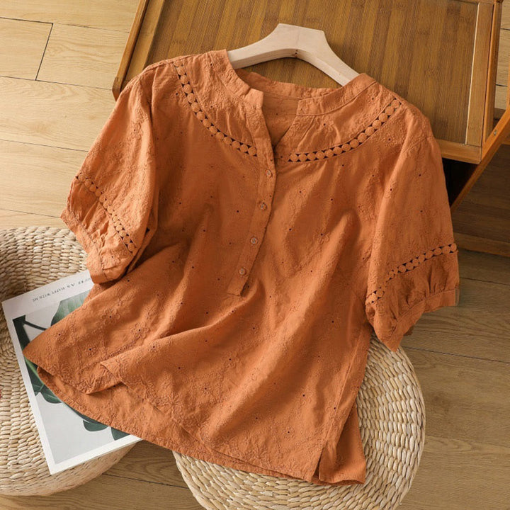 Buddha Stones Casual Plain Hollow Notched Women's Cotton Linen Half Sleeve Shirt - DarkOrange - US8-10，UK/AU12-14，EU40-42 (2XL) - image 0