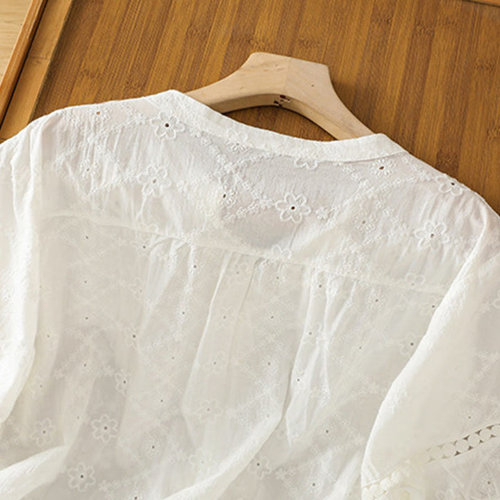 Buddha Stones Casual Plain Hollow Notched Women's Cotton Linen Half Sleeve Shirt - image 12