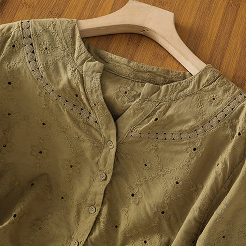 Buddha Stones Casual Plain Hollow Notched Women's Cotton Linen Half Sleeve Shirt - image 19