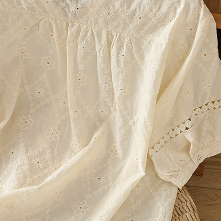 Buddha Stones Casual Plain Hollow Notched Women's Cotton Linen Half Sleeve Shirt - image 28