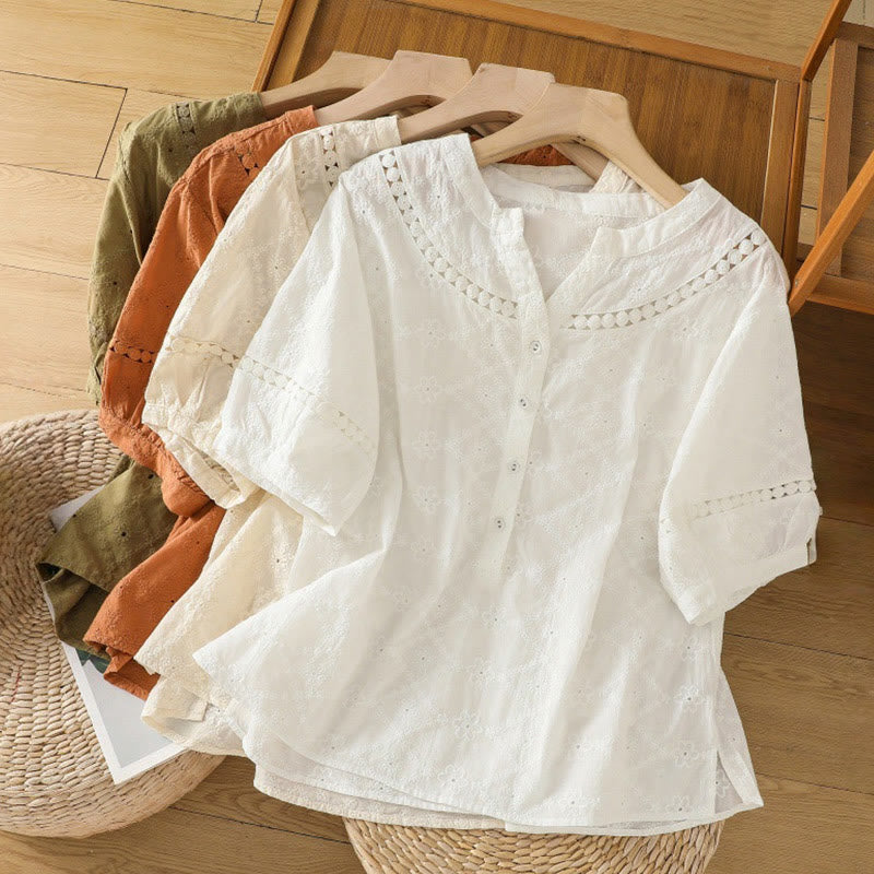 Buddha Stones Casual Plain Hollow Notched Women's Cotton Linen Half Sleeve Shirt - image 32