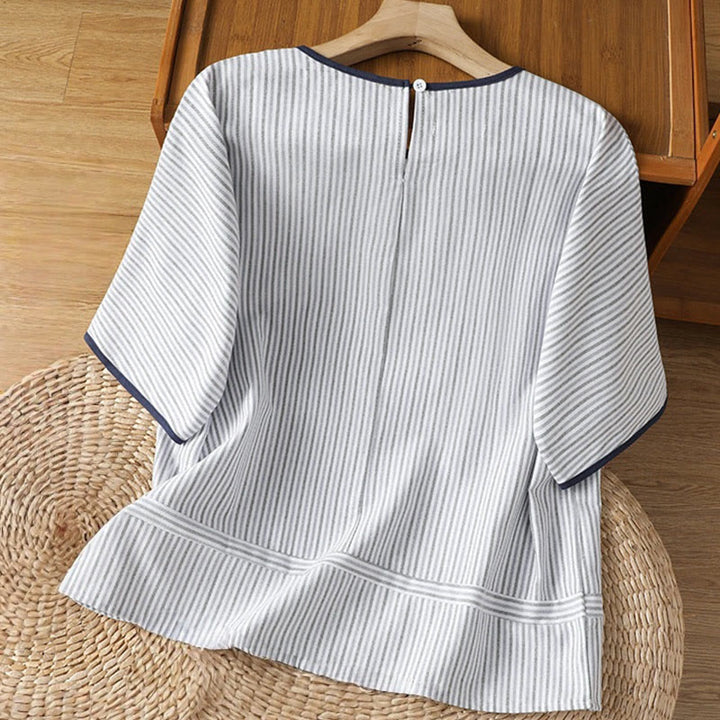 Buddha Stones Pullover Stripes Crew Neck Design Women's Cotton Short Sleeves Shirt - image 1