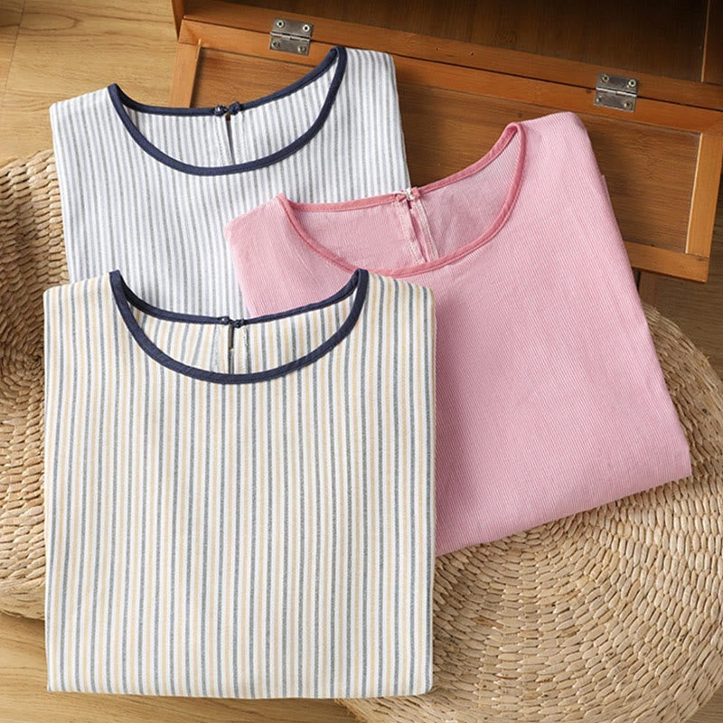 Buddha Stones Pullover Stripes Crew Neck Design Women's Cotton Short Sleeves Shirt - image 19