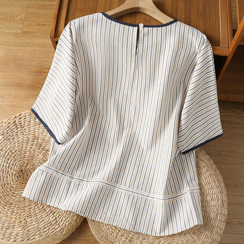 Buddha Stones Pullover Stripes Crew Neck Design Women's Cotton Short Sleeves Shirt - image 14