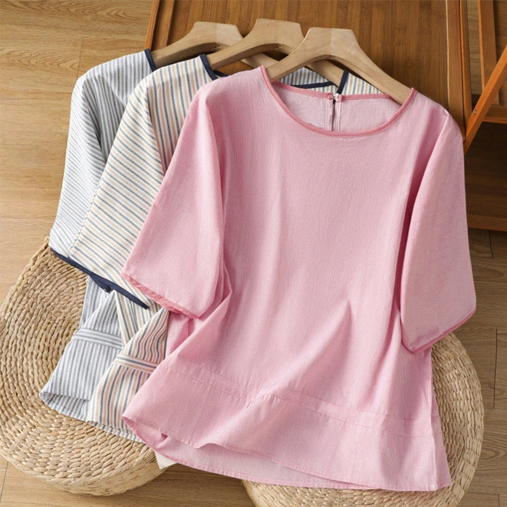 Buddha Stones Pullover Stripes Crew Neck Design Women's Cotton Short Sleeves Shirt - image 20