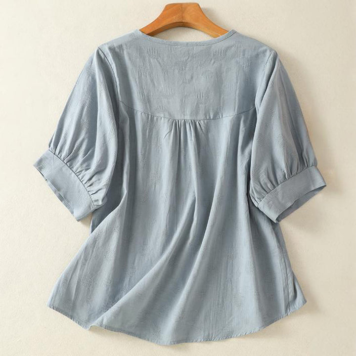 Buddha Stones Plain Crew Neck Design Women's Cotton Loose Short Sleeves Shirt - image 1