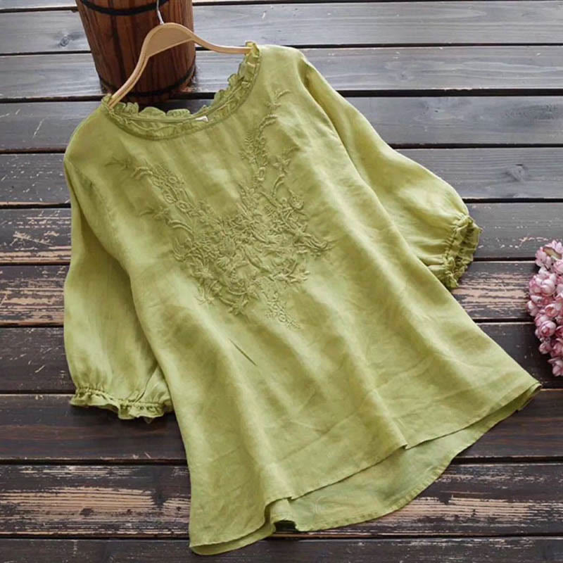 Buddha Stones Women's Flower Embroidery Design Crew Neck T-shirt Tee - YellowGreen - US14，UK/AU18，EU46 (4XL) - image 11