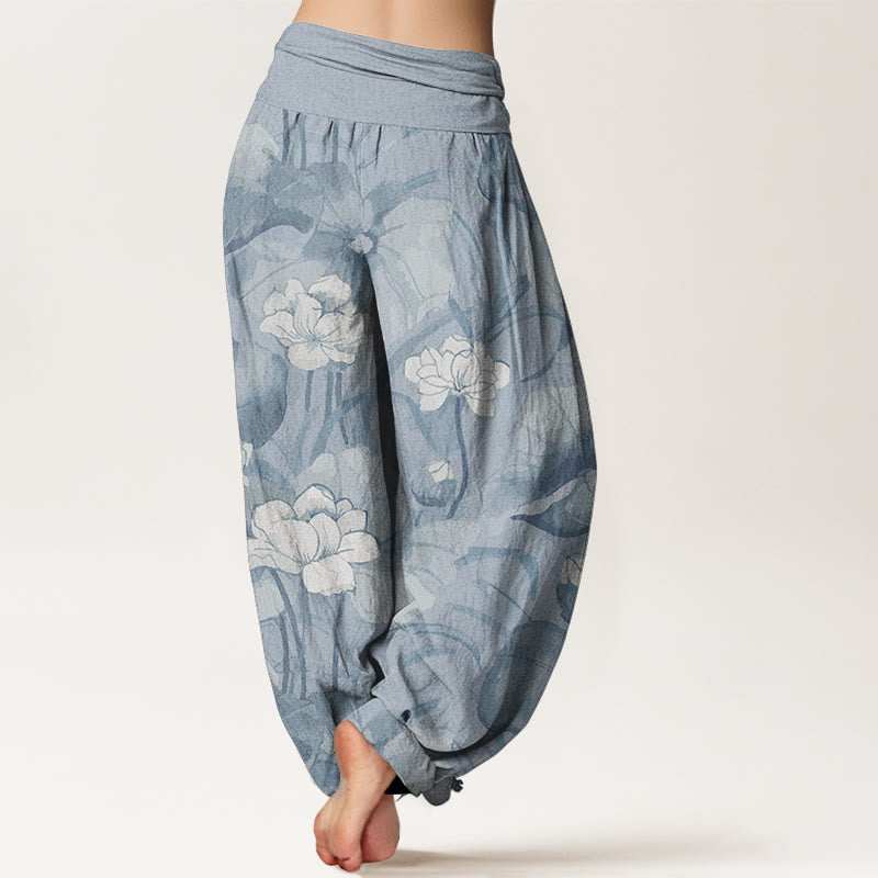 Buddha Stones Pure Cotton Lotus Design Women's Elastic Waist Harem Pants - image 1