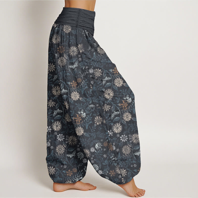 Buddha Stones Pure Cotton Casual New York Aster Flowers Leaves Design Women's Elastic Waist Harem Pants - image 2