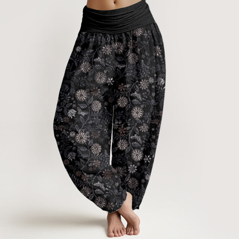 Buddha Stones Pure Cotton Casual New York Aster Flowers Leaves Design Women's Elastic Waist Harem Pants - Black - US22，UK/AU26，EU54 (6XL) - image 6