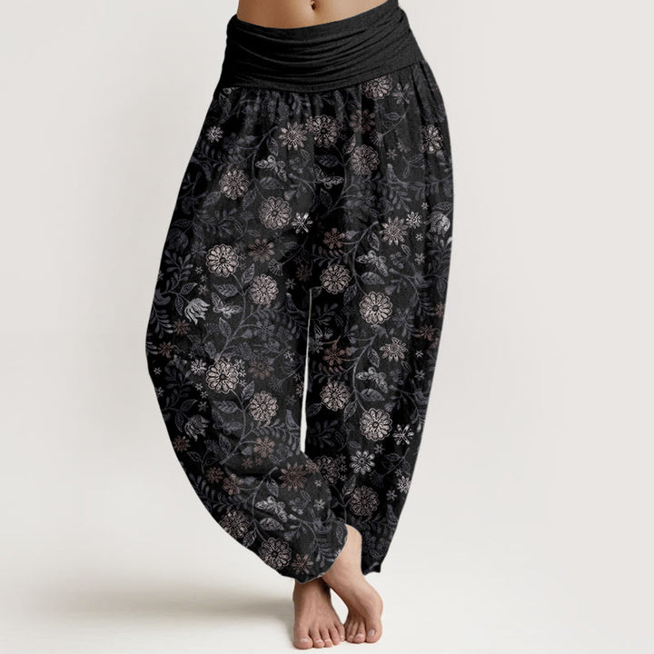 Buddha Stones Pure Cotton Casual New York Aster Flowers Leaves Design Women's Elastic Waist Harem Pants - Black - US22，UK/AU26，EU54 (6XL) - image 6
