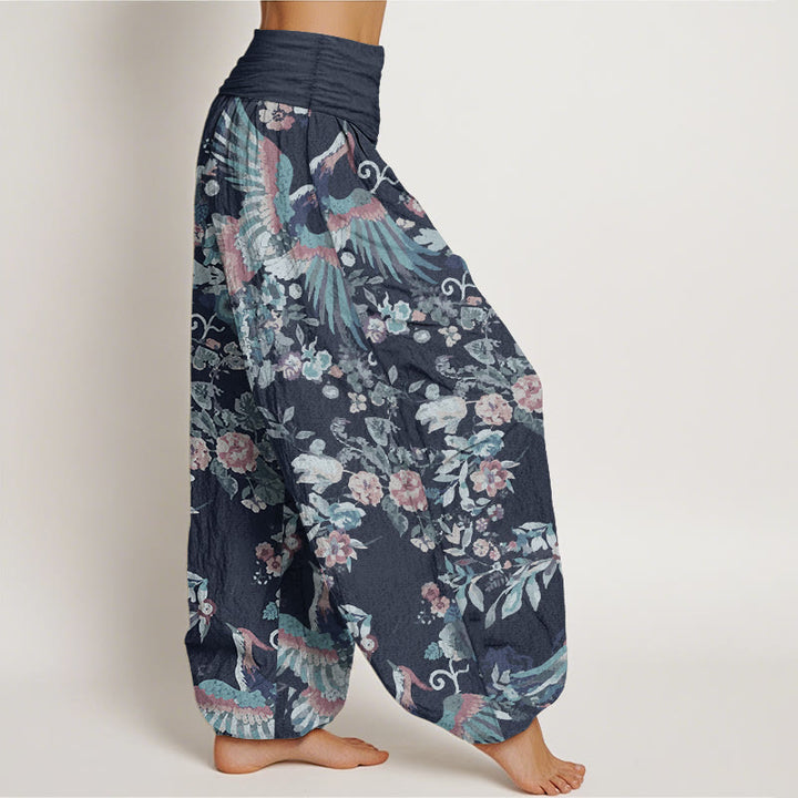 Buddha Stones Pure Cotton Colorful Flowers Birds Leaves Pattern Women's Elastic Waist Harem Pants