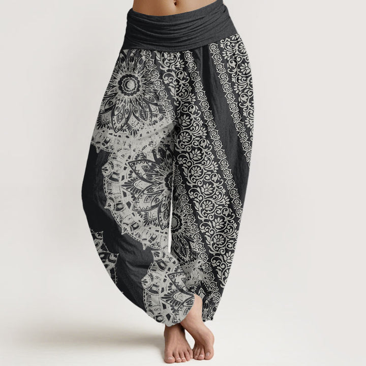 Buddha Stones Pure Cotton Mandala Pattern Parallel Flowers Women's Elastic Waist Harem Pants