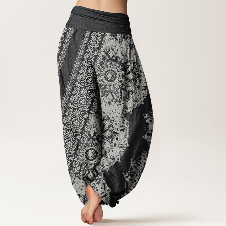 Buddha Stones Pure Cotton Mandala Pattern Parallel Flowers Women's Elastic Waist Harem Pants