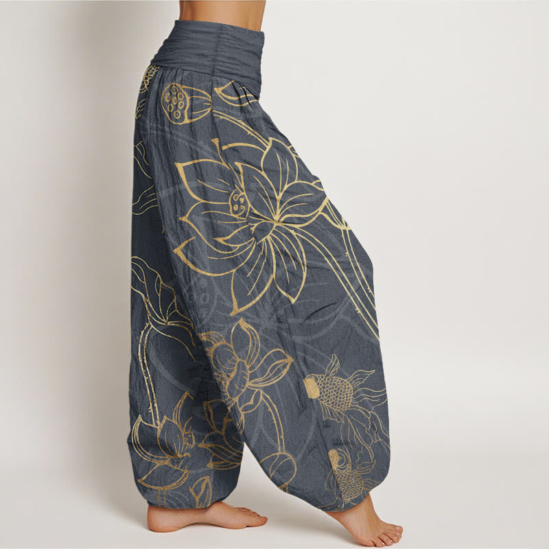 Buddha Stones Pure Cotton Lotus Leaf Koi Fish Women's Elastic Waist Harem Pants - image 8