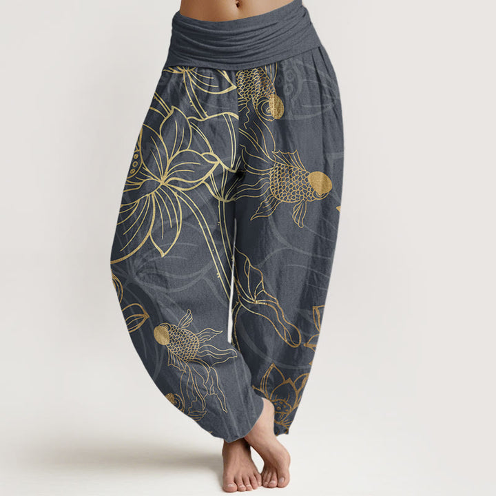 Buddha Stones Pure Cotton Lotus Leaf Koi Fish Women's Elastic Waist Harem Pants - DimGray - US22，UK/AU26，EU54 (6XL) - image 6