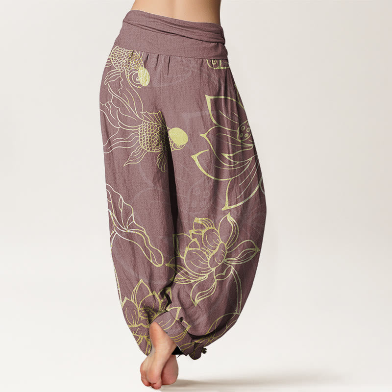 Buddha Stones Pure Cotton Lotus Leaf Koi Fish Women's Elastic Waist Harem Pants