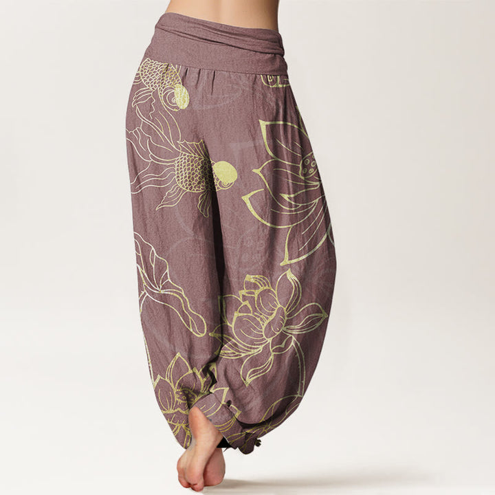Buddha Stones Pure Cotton Lotus Leaf Koi Fish Women's Elastic Waist Harem Pants