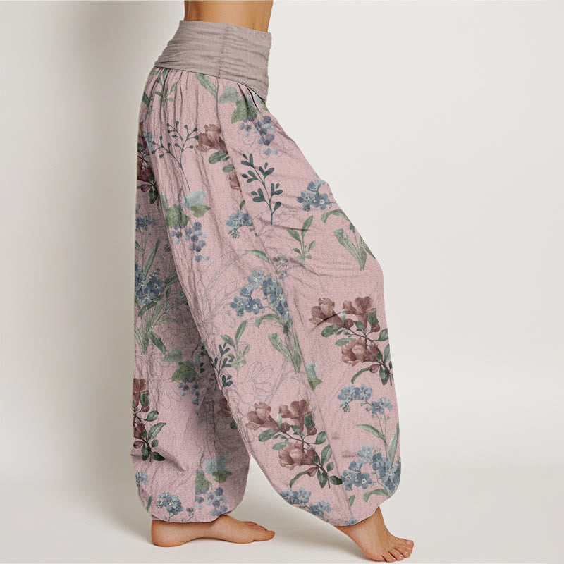 Buddha Stones Pure Cotton Red Blue Flowers Green Leaves Design Women's Elastic Waist Harem Pants - image 2