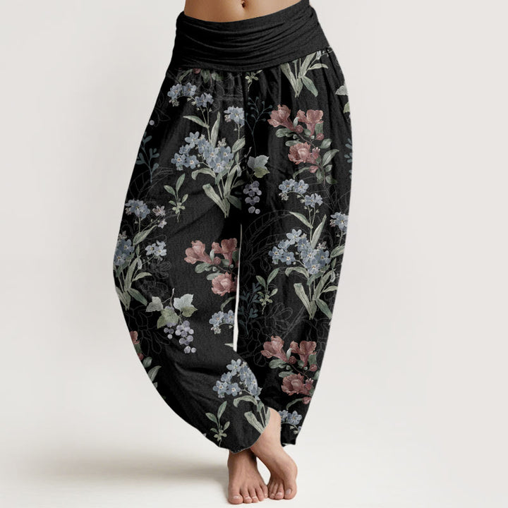 Buddha Stones Pure Cotton Red Blue Flowers Green Leaves Design Women's Elastic Waist Harem Pants - Black - US22，UK/AU26，EU54 (6XL) - image 5
