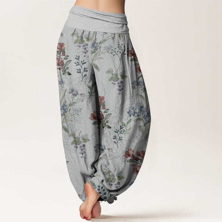 Buddha Stones Pure Cotton Red Blue Flowers Green Leaves Design Women's Elastic Waist Harem Pants - image 9