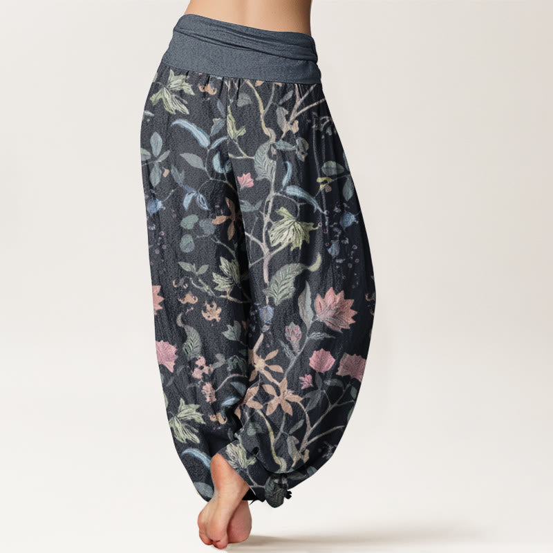 Buddha Stones Pure Cotton Floral Leaf Vine Design Women's Elastic Waist Harem Pants - image 1