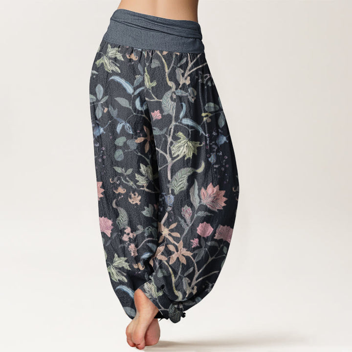 Buddha Stones Pure Cotton Floral Leaf Vine Design Women's Elastic Waist Harem Pants - image 1