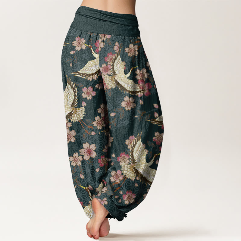 Buddha Stones Pure Cotton Crane Peach Blossom Pattern Women's Elastic Waist Harem Pants - image 1