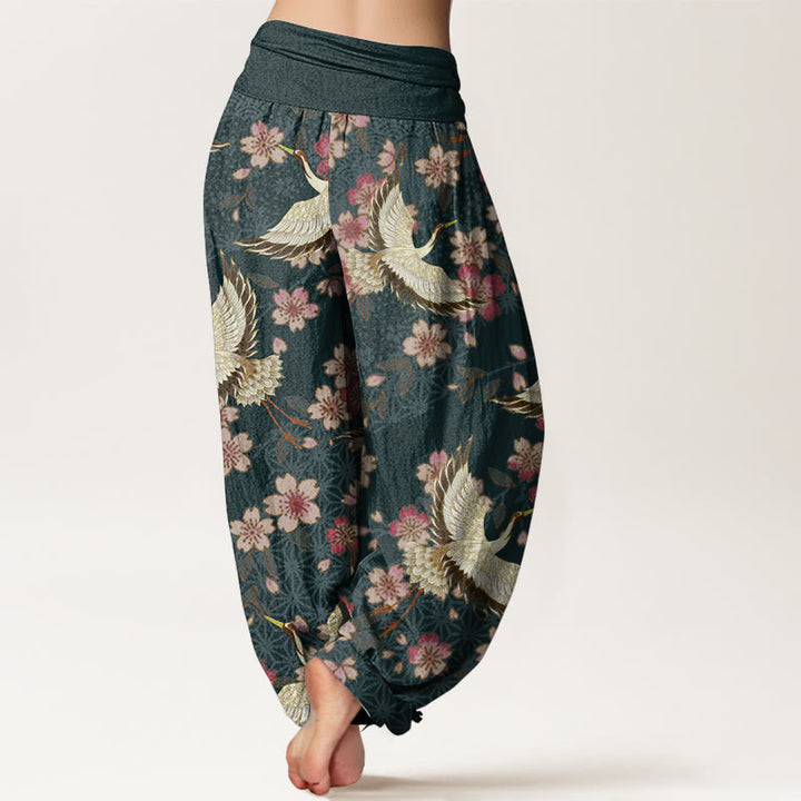 Buddha Stones Pure Cotton Crane Peach Blossom Pattern Women's Elastic Waist Harem Pants - image 1