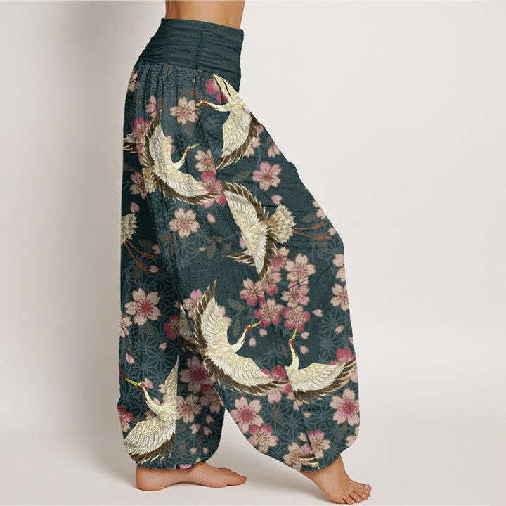 Buddha Stones Pure Cotton Crane Peach Blossom Pattern Women's Elastic Waist Harem Pants - image 2
