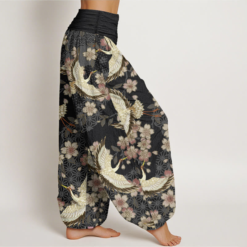 Buddha Stones Pure Cotton Crane Peach Blossom Pattern Women's Elastic Waist Harem Pants - image 10