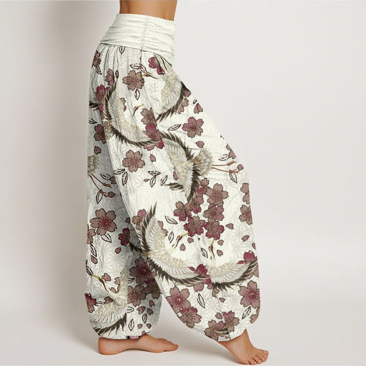Buddha Stones Pure Cotton Crane Peach Blossom Pattern Women's Elastic Waist Harem Pants - image 7