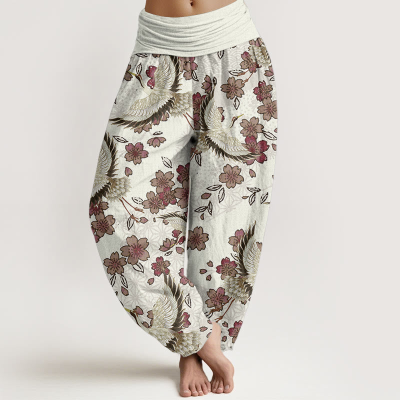 Buddha Stones Pure Cotton Crane Peach Blossom Pattern Women's Elastic Waist Harem Pants - Cornsilk - US22，UK/AU26，EU54 (6XL) - image 5