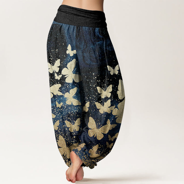 Buddha Stones Pure Cotton Casual Golden Butterfly Pattern Women's Elastic Waist Harem Pants - image 1