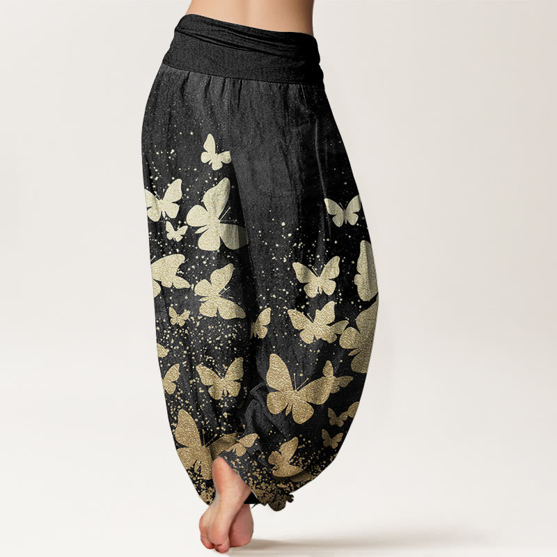 Buddha Stones Pure Cotton Casual Golden Butterfly Pattern Women's Elastic Waist Harem Pants - image 10